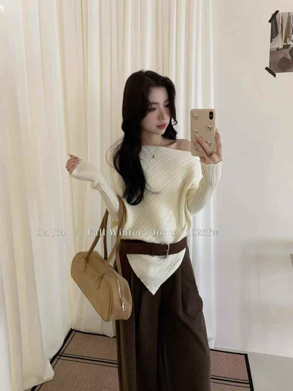 오프숄더 골지 배트윙 소매 상의